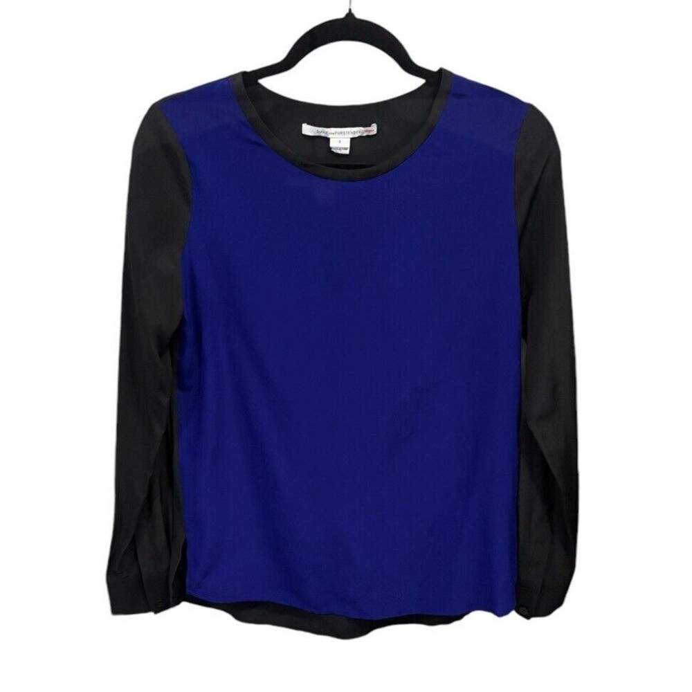 Diane Von‎ Furstenberg Silk Color Block Blouse Size 2 Black/Royal